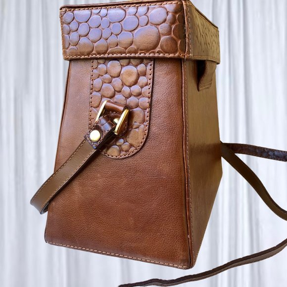 Linea Gani Brown Leather Hard Case Handbag Vintage 70's Crossbody Croc Trim - Picture 7 of 15